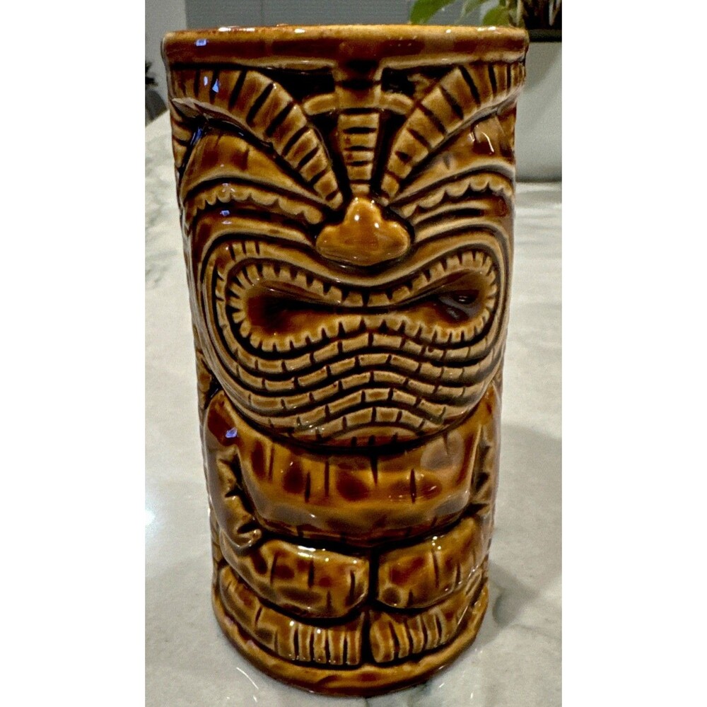 Vintage Germaine's Luau Hawaii Tiki Mug Brown Glaze Ceramic Cup Vase Barware